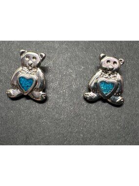 Teddy Bear Sterling Silver Stud Earrings With Blue Heart Inlay For Women Or Kids